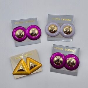 Vintage 80s Statement Earring Lot 4 Pairs Purple Gold Geometric Retro Bold Vibe